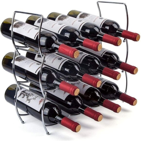Simple Stackable 3-Tier Wine Rack Holds 12 Bottles Chrome Finish Space-Saving - Picture 1 of 9